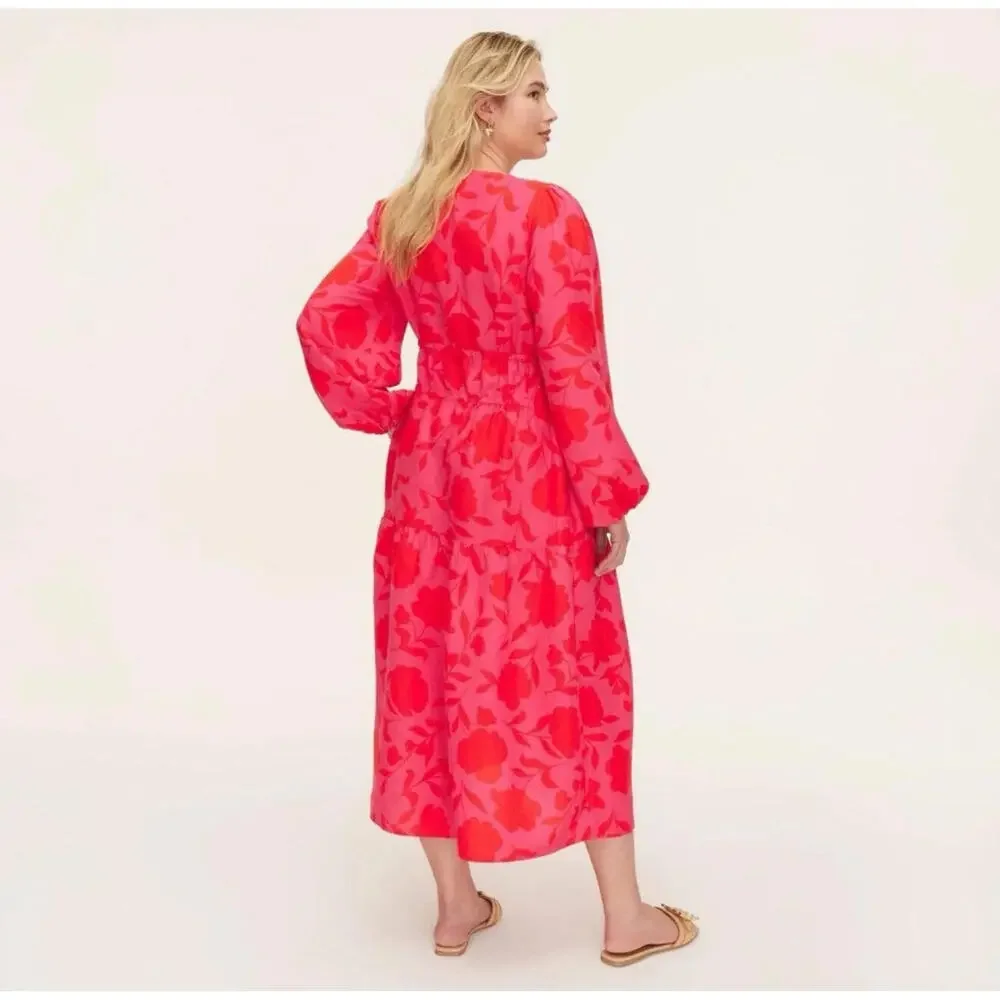 Kate‎ Spade-Rose Linen long sleeve maxi boho dress Pink/red XS